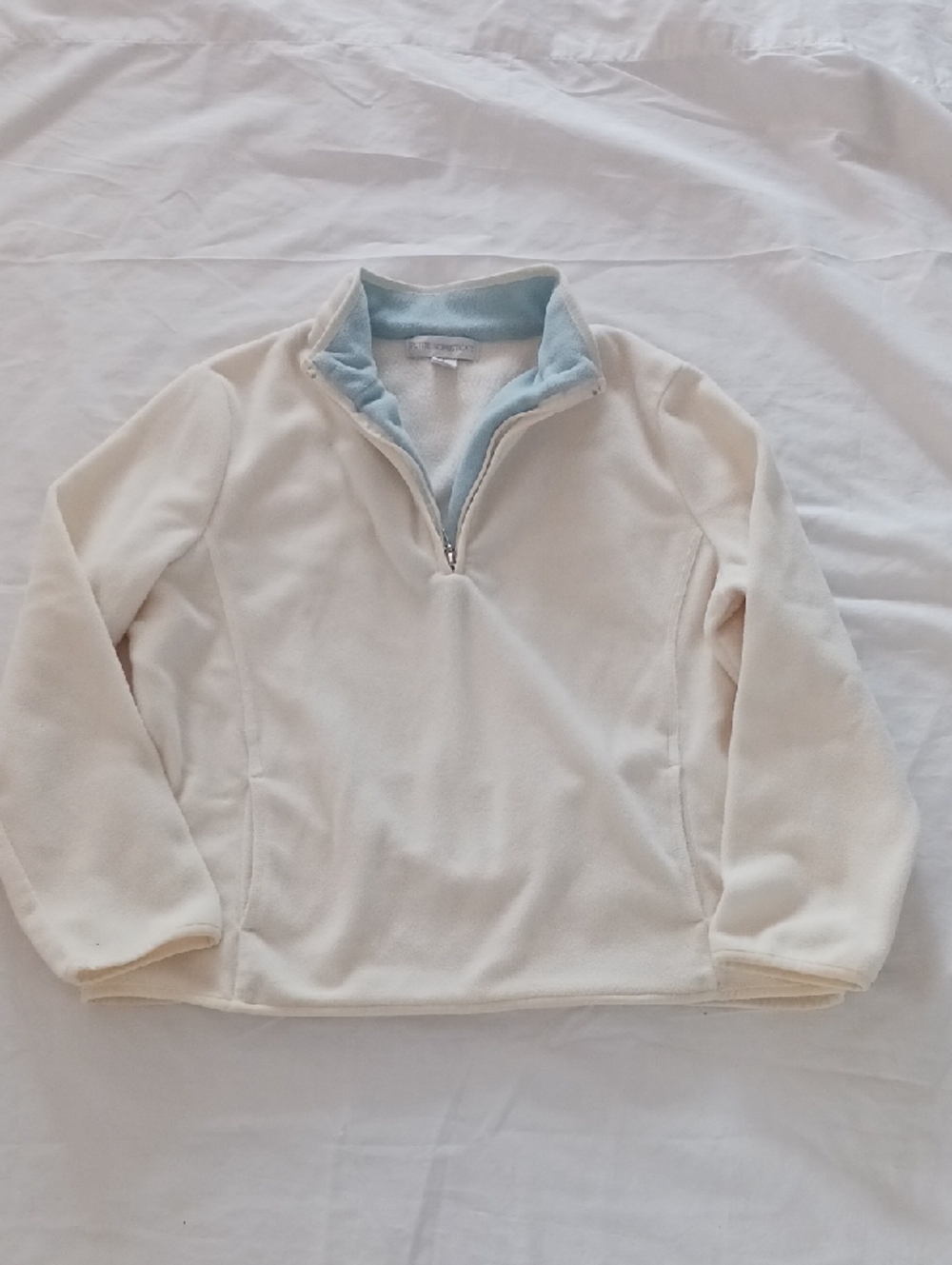 Petite Sophisticate Cream Zip-Up Fleece with Light Blue Collar